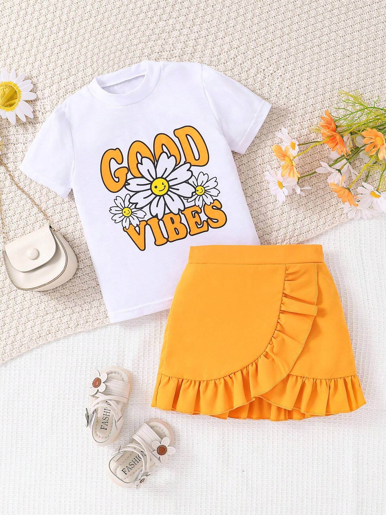 Nora Girls 'Good Vibes' Tee + Ruffle Skirt Set | Red/Yellow