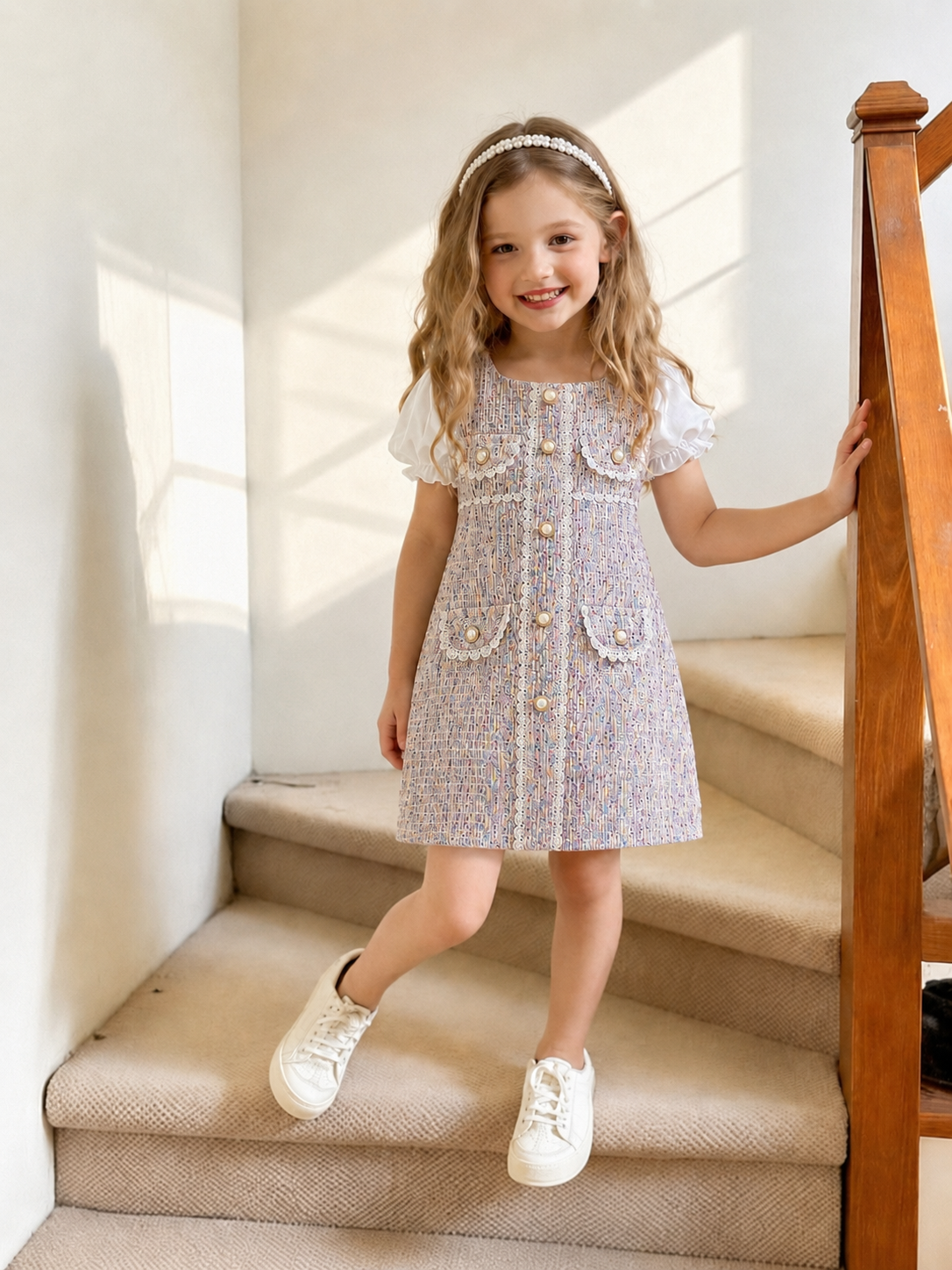 Girls' Elegant Tweed Pearl Dress