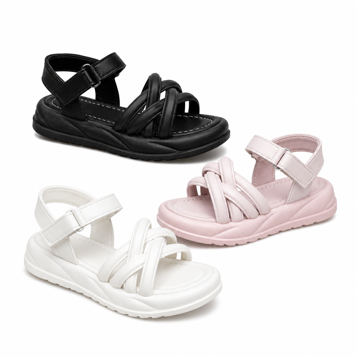 Kids Cushioned Strappy Sandals, 24pcs/Crate, Sizes 26-36, 3 Colors
