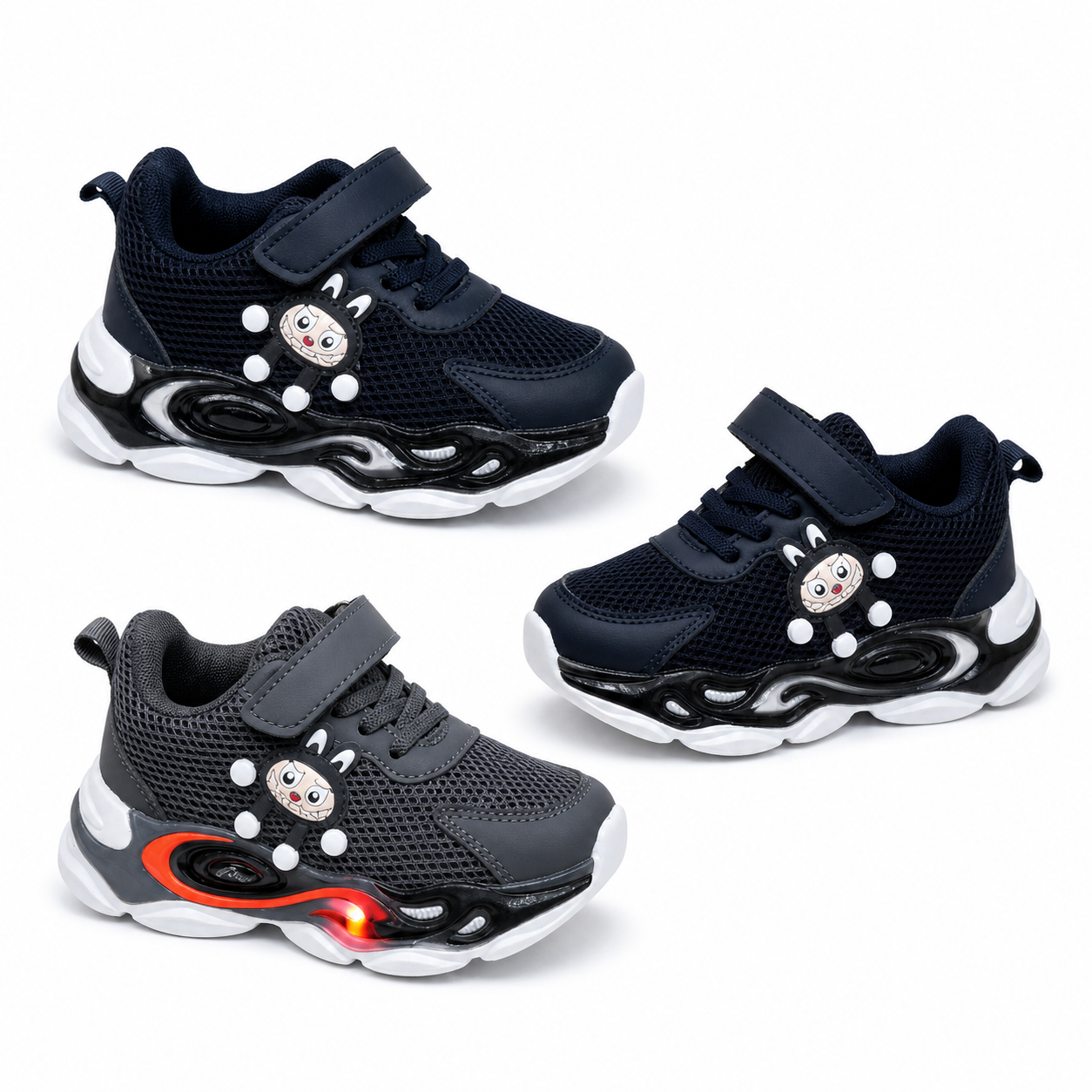 Kids LED Mesh Strap Sneakers - Black/Navy/Gray, 21-30 (24pcs)