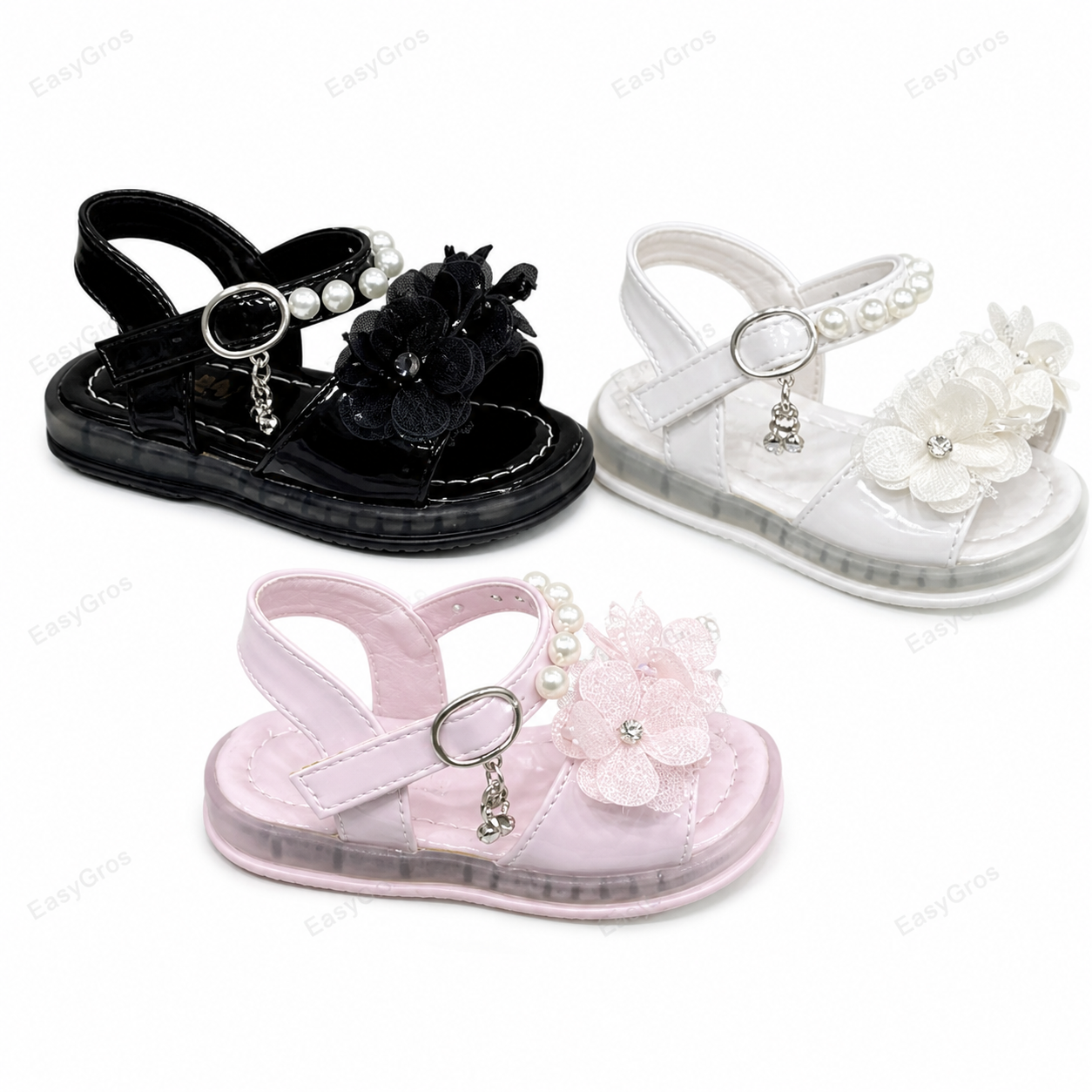 Nora Girls’ Flower Dress Sandals 20–25 | Black/White/Pink (24pcs)