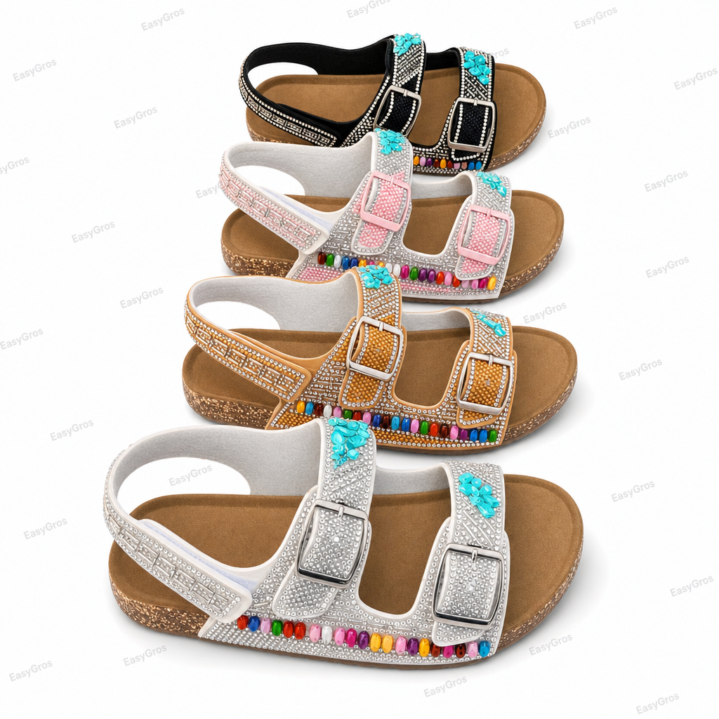 Girls Rhinestone Buckle Sandals 24prs/Crate, Sizes 26–36
