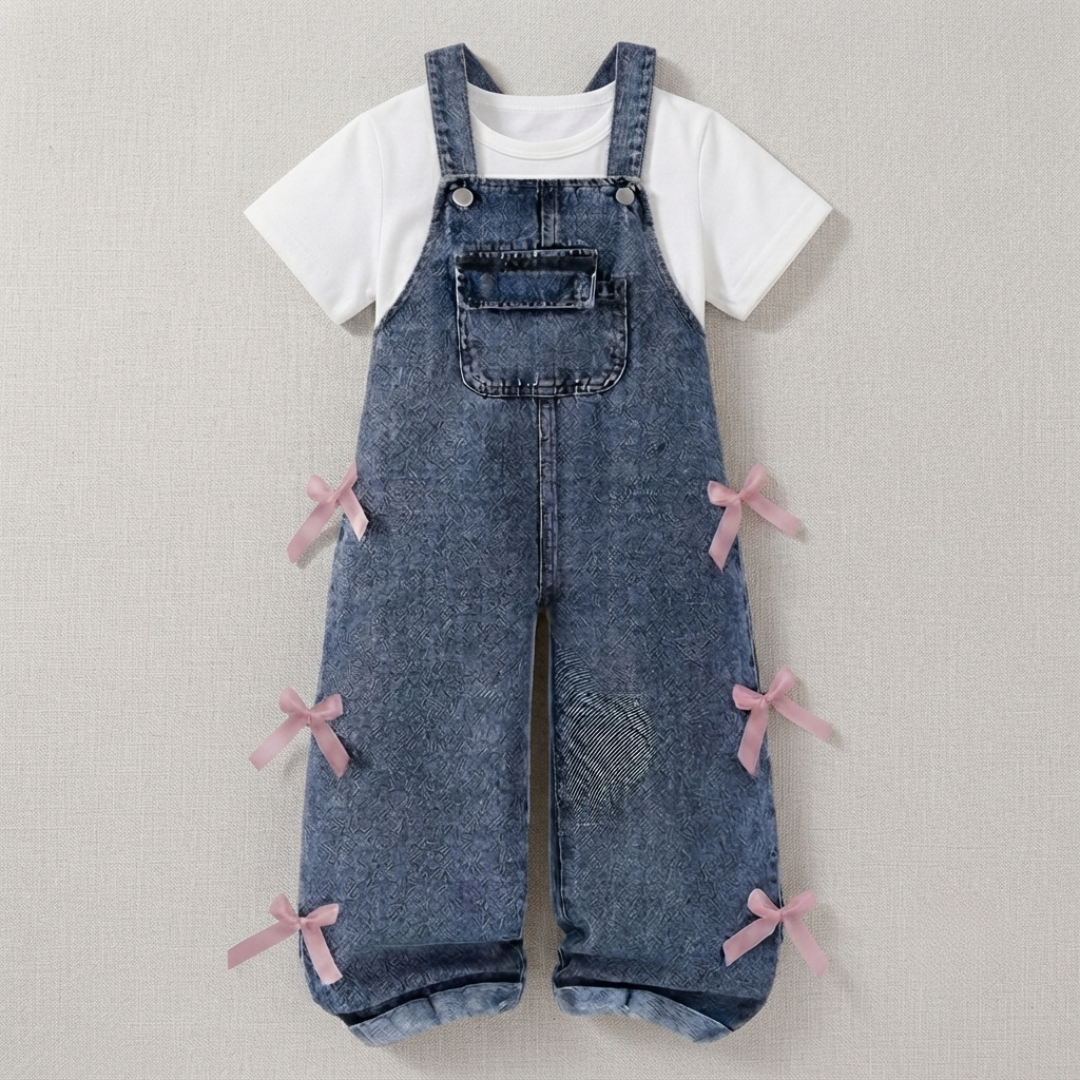 Girls' Denim Overall Set with Bow Accents
