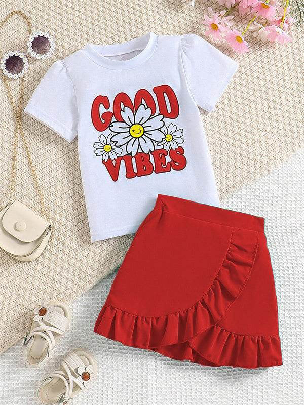 Nora Girls 'Good Vibes' Tee + Ruffle Skirt Set | Red/Yellow