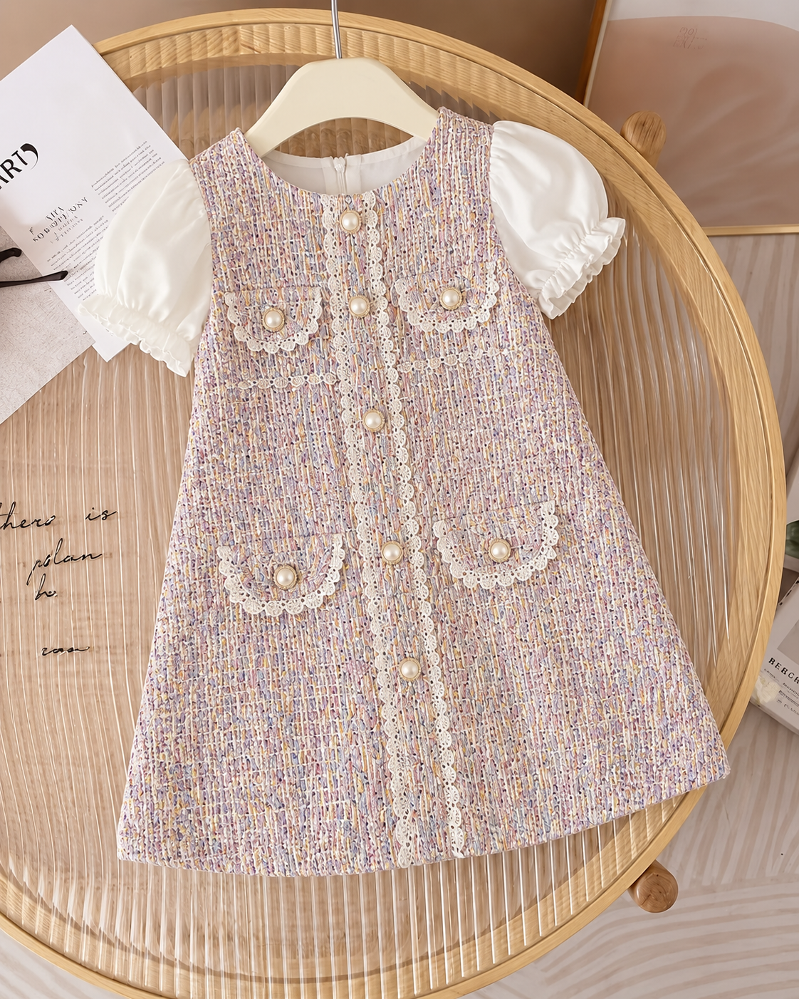 Girls' Elegant Tweed Pearl Dress