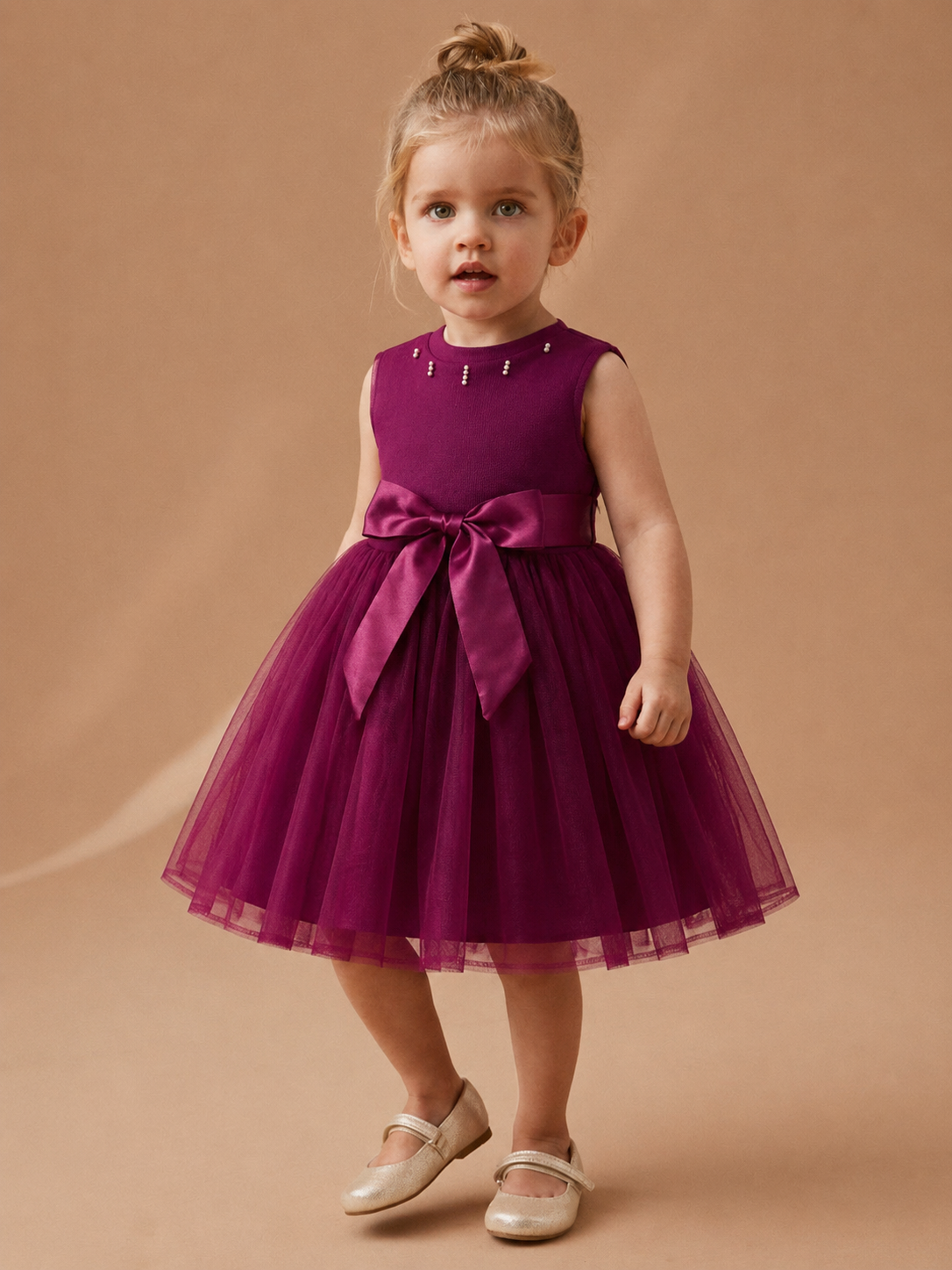 Nora Girls Plum Tulle Party Dress, Bow & Pearls (2-7Y, 15 pcs)