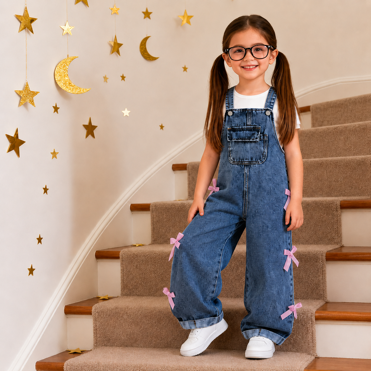 Girls' Denim Overall Set with Bow Accents