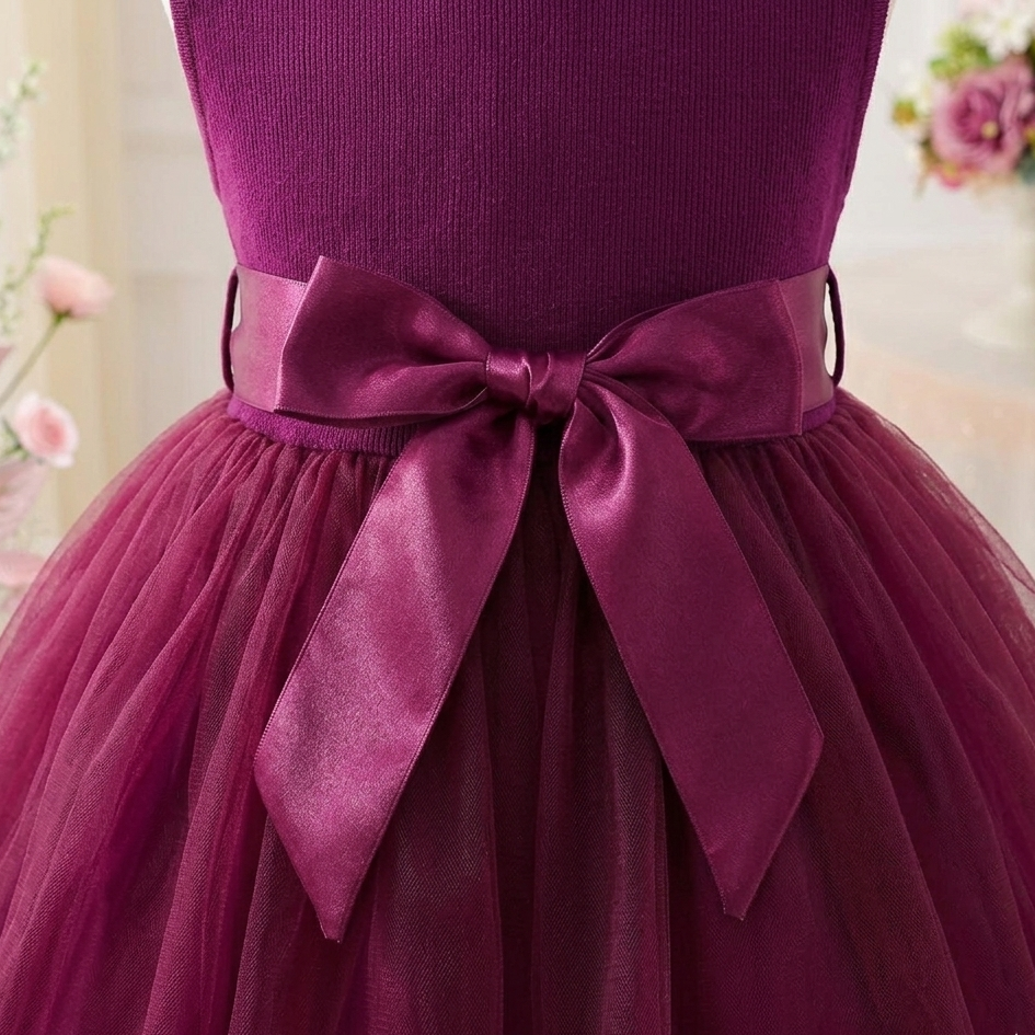 Nora Girls Plum Tulle Party Dress, Bow & Pearls (2-7Y, 15 pcs)