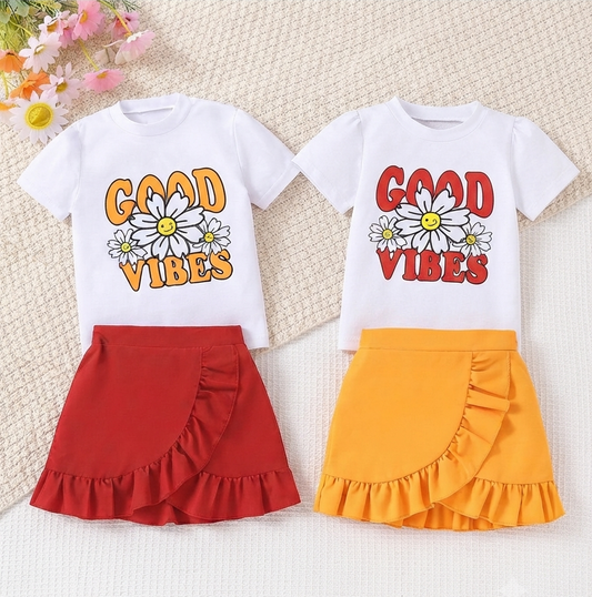 Ensemble t-shirt « Good Vibes » et jupe à volants Nora Girls | Rouge/Jaune