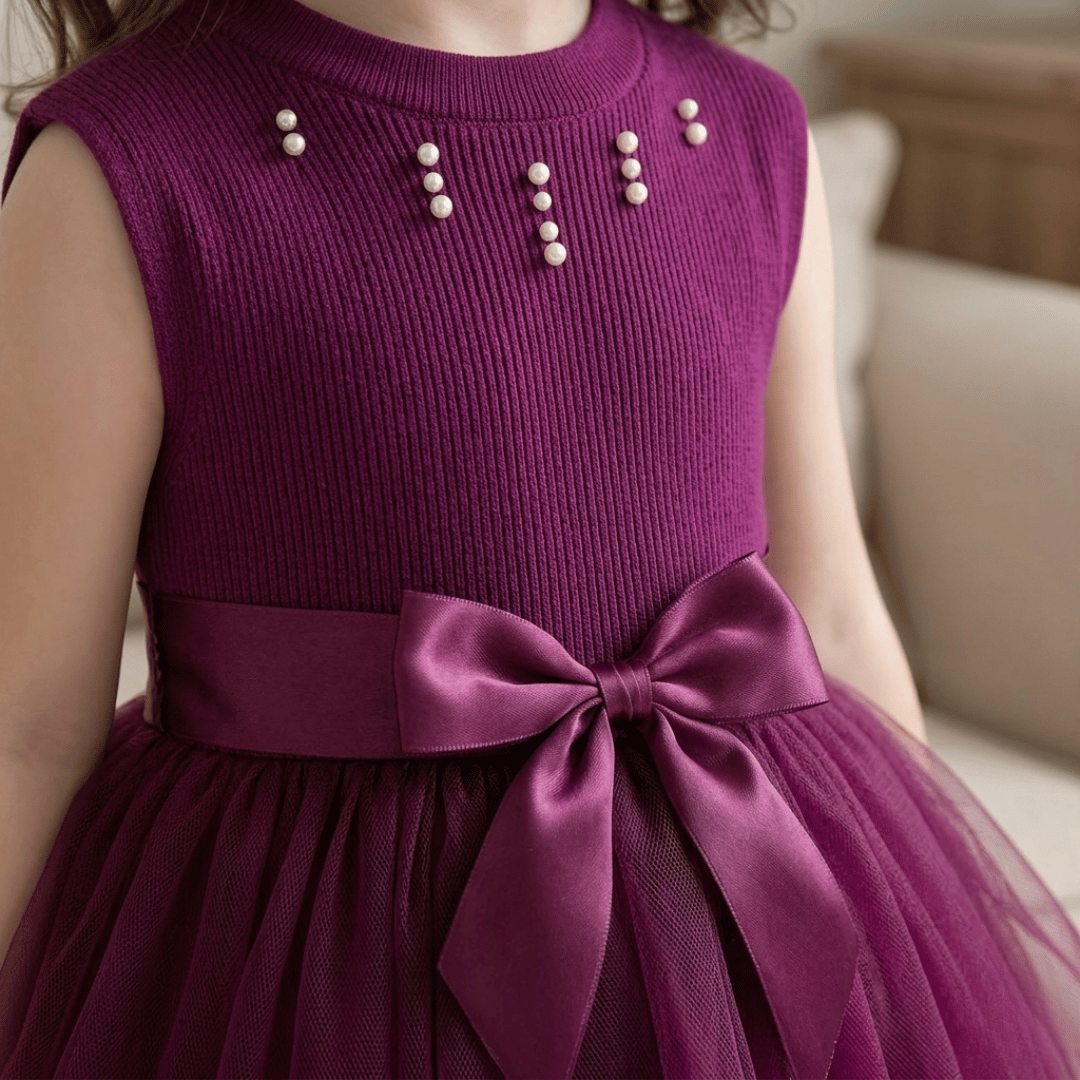 Nora Girls Plum Tulle Party Dress, Bow & Pearls (2-7Y, 15 pcs)