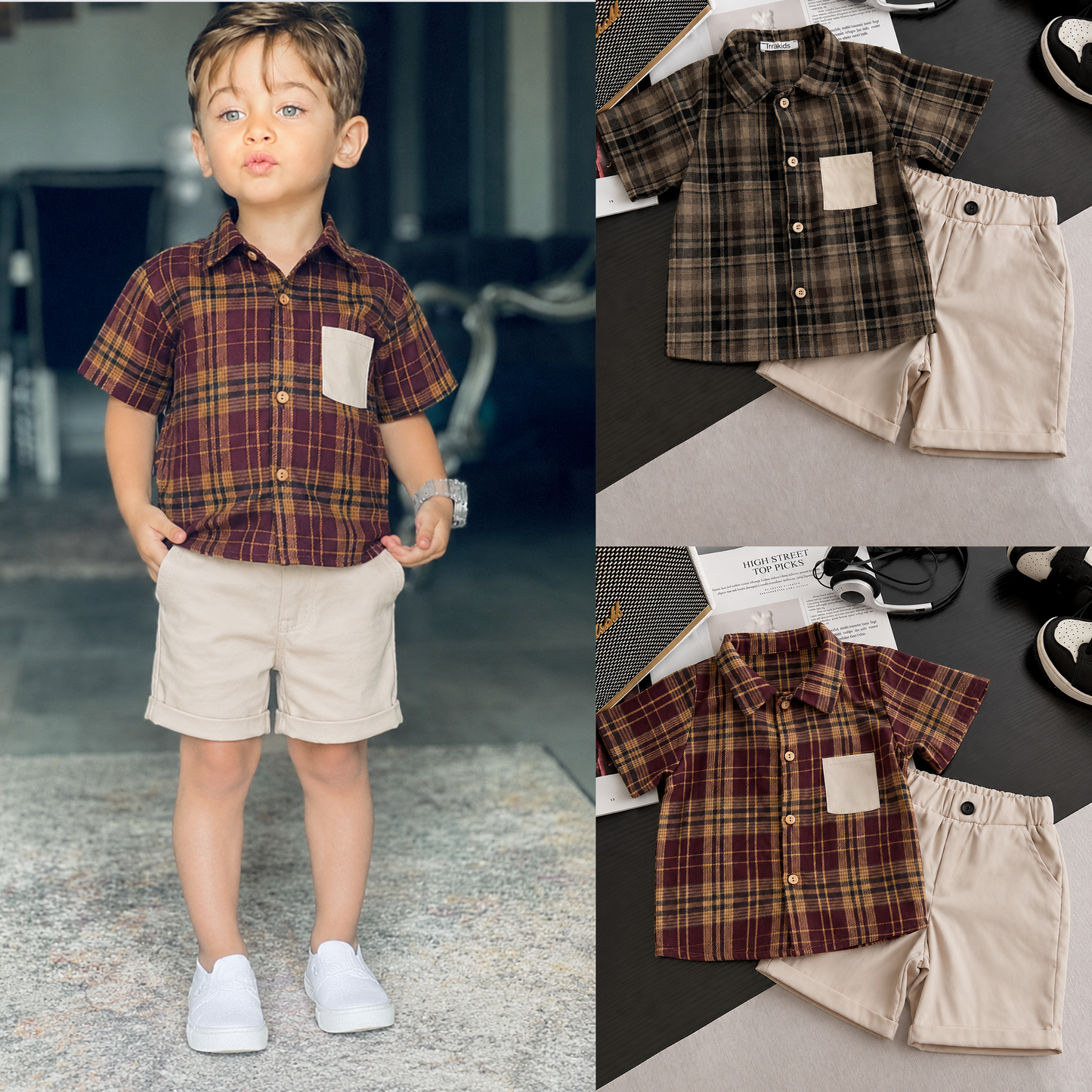 Boys' Plaid Summer Shirt & Shorts Set