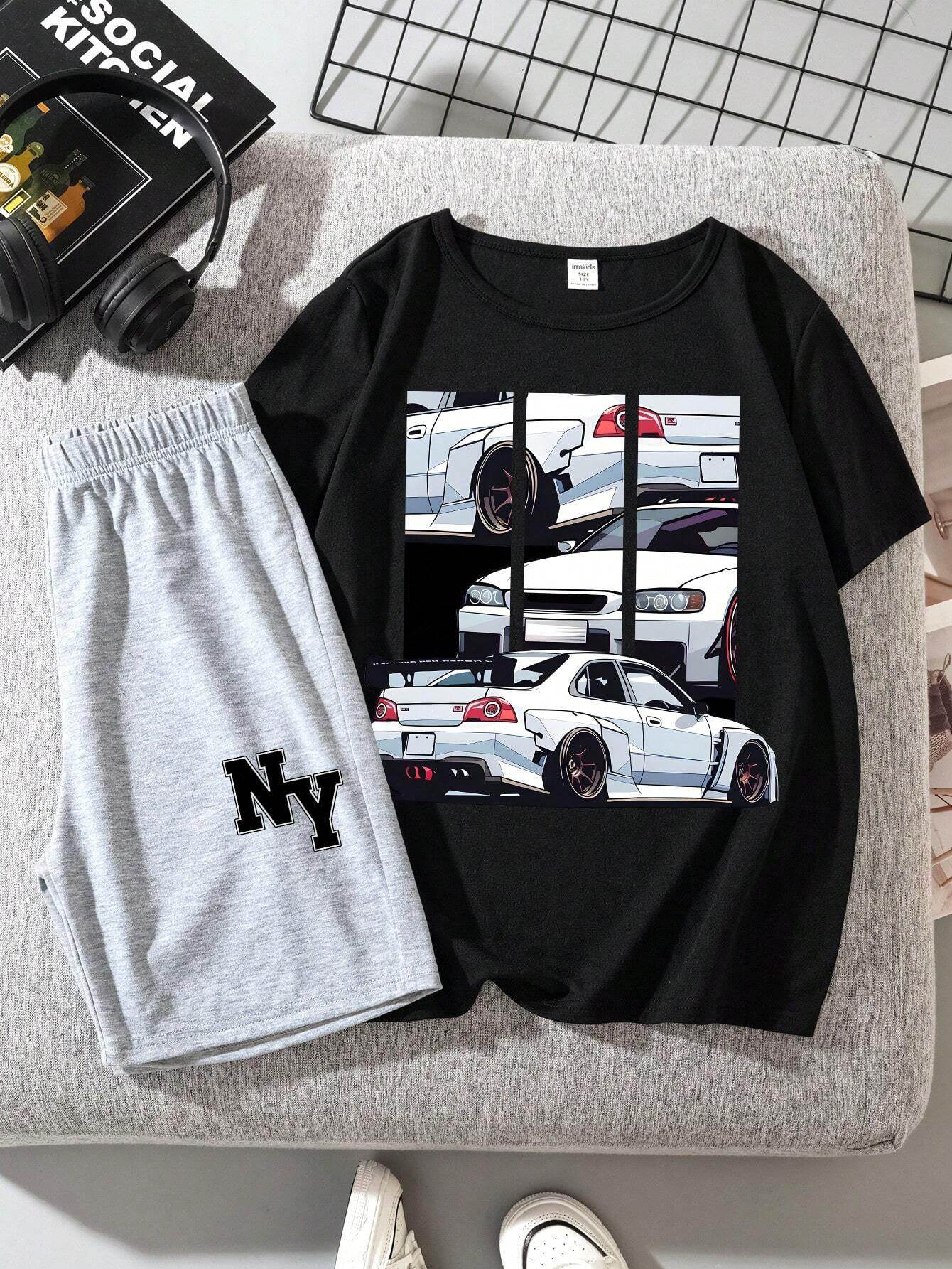 Nora Kids Car Tee & Light Grey Shorts Set (Black/Grey)