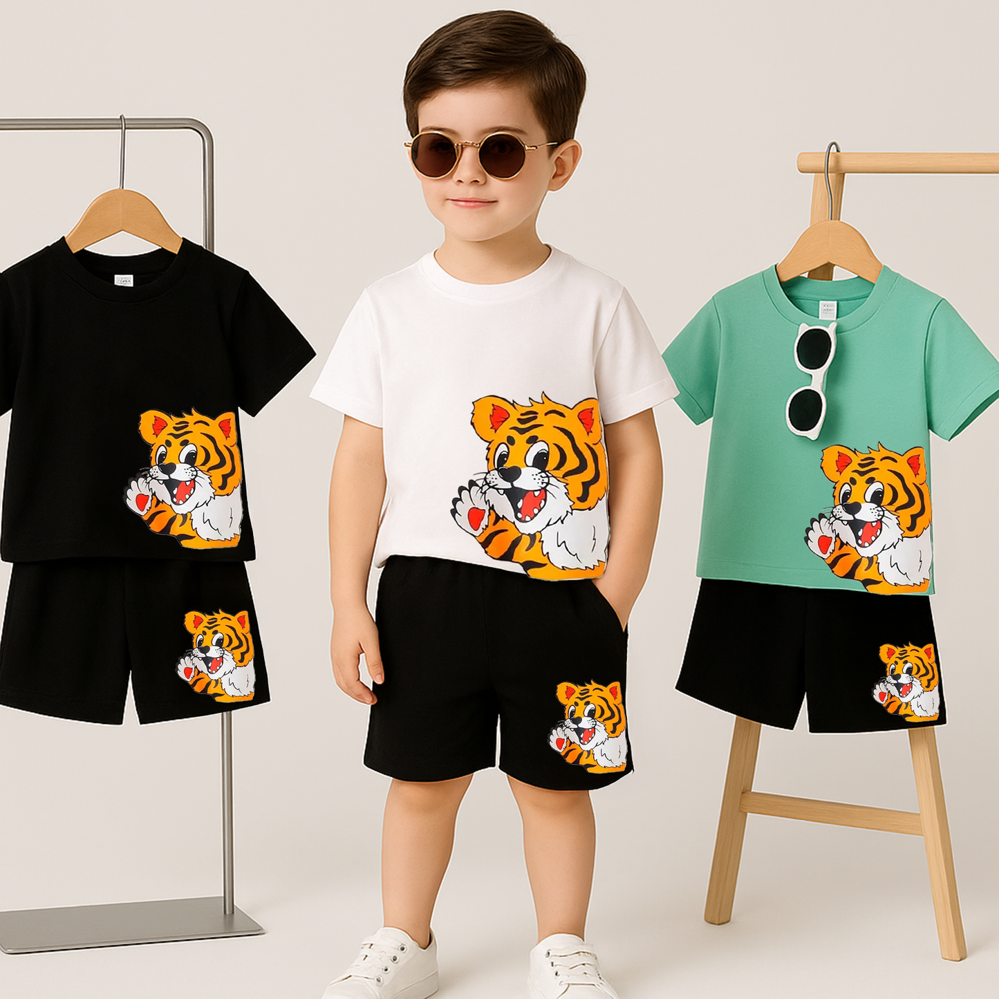 Nora Kids Tiger Tee & Shorts Set – 3 Colors, 15pcs/Crate