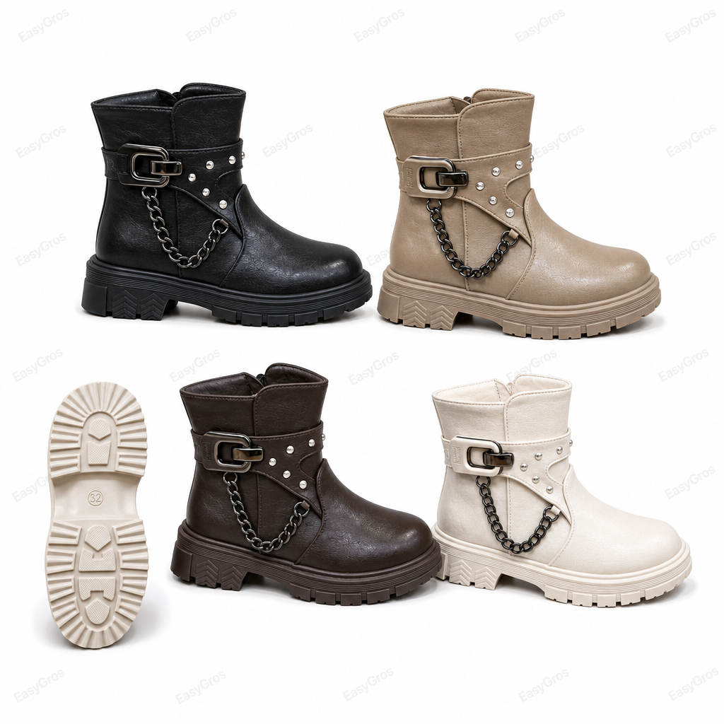 Girls Chain Ankle Boots 21-36 | Black/Taupe/Dark Brown/Cream 24pcs