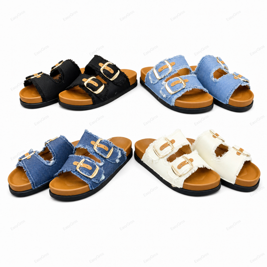Women's Denim Double-Buckle Slides 2025M-17, 36-40, 24pcs/Crate