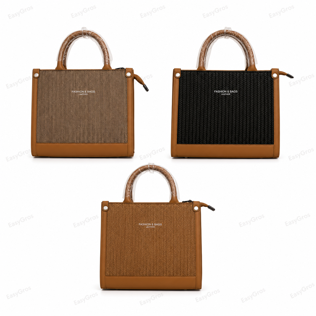 Woven Panel Structured Tote Handbag - 3 Colors, 30pcs/Crate