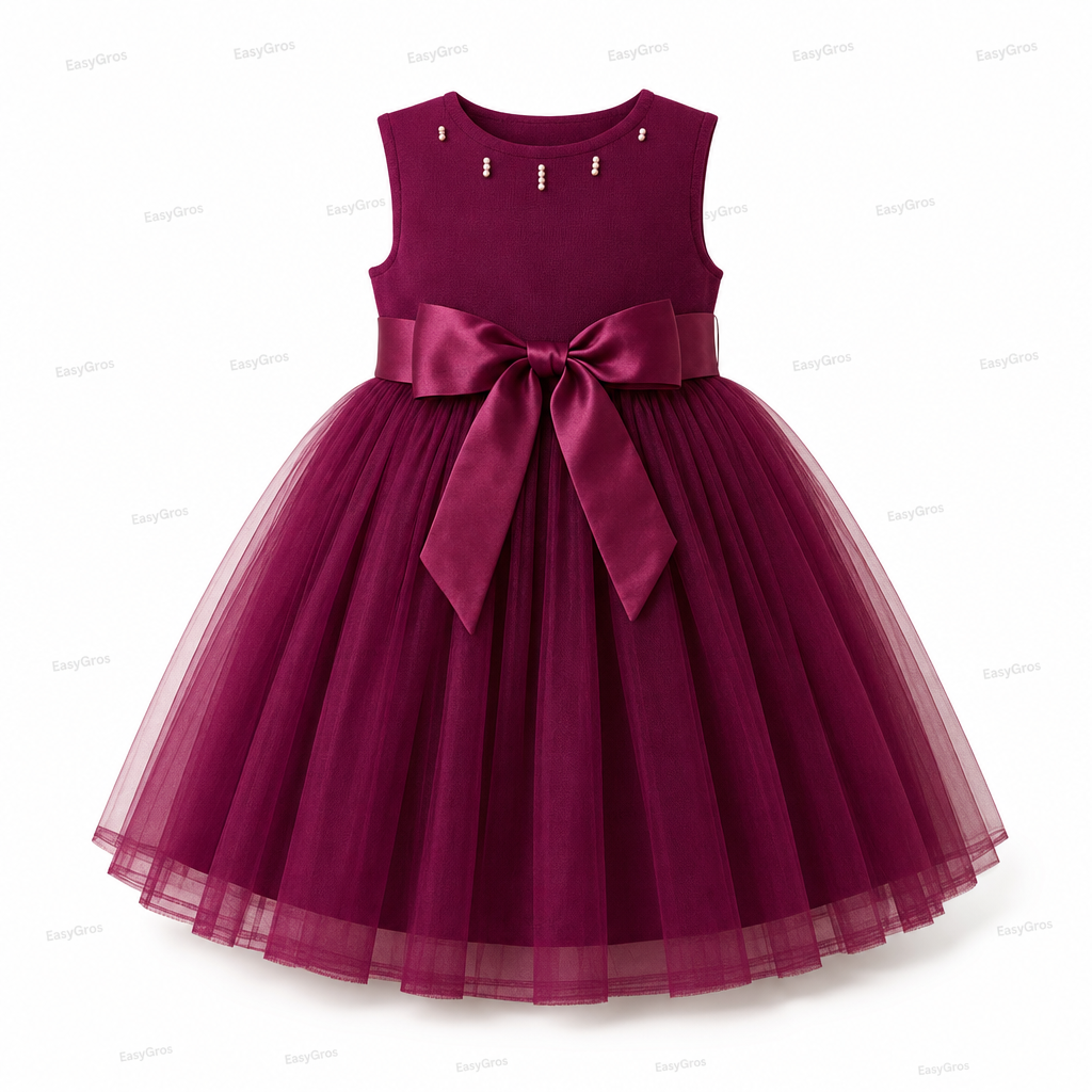 Nora Girls Plum Tulle Party Dress, Bow & Pearls (2-7Y, 30 pcs)