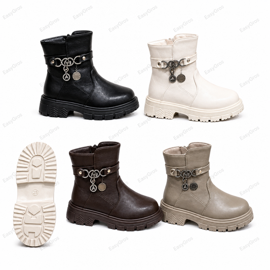 Girls Chain-Charm Ankle Boots Black/Cream/Brown/Taupe 21-36 24pcs