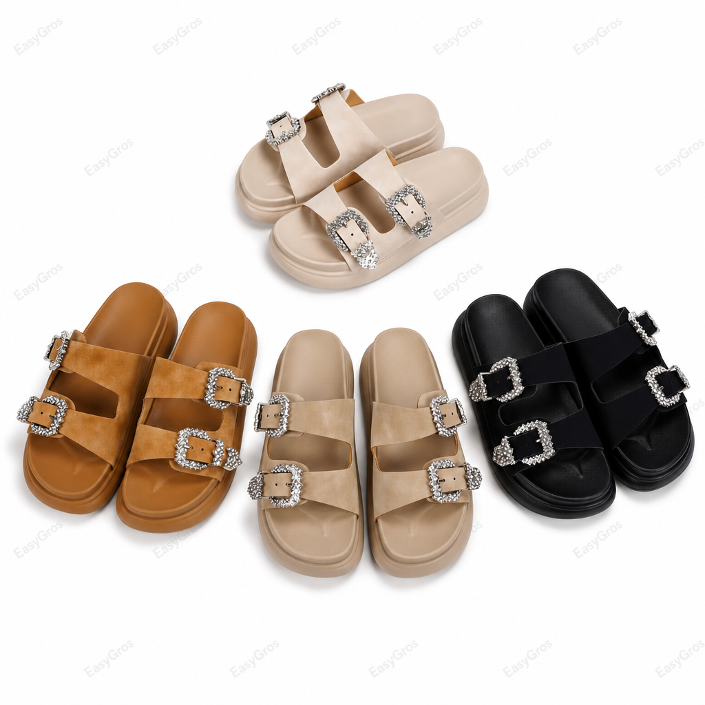 Women’s Jeweled-Buckle Platform Slides D294, 5 Colors (36-40)
