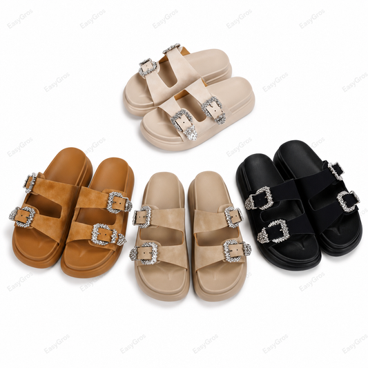 Women’s Jeweled-Buckle Platform Slides D294, 5 Colors (36-40)