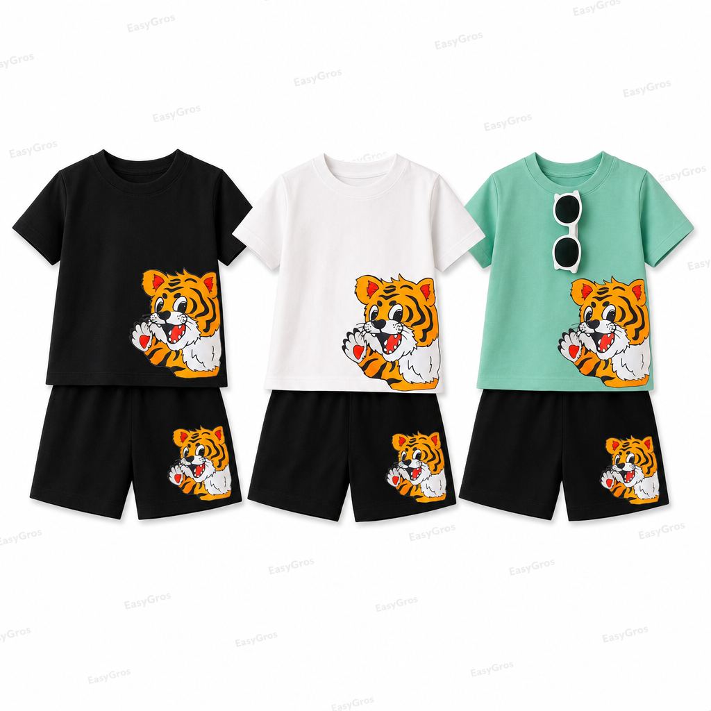 Nora Kids Tiger Tee & Shorts Set – 3 Colors, 15pcs/Crate