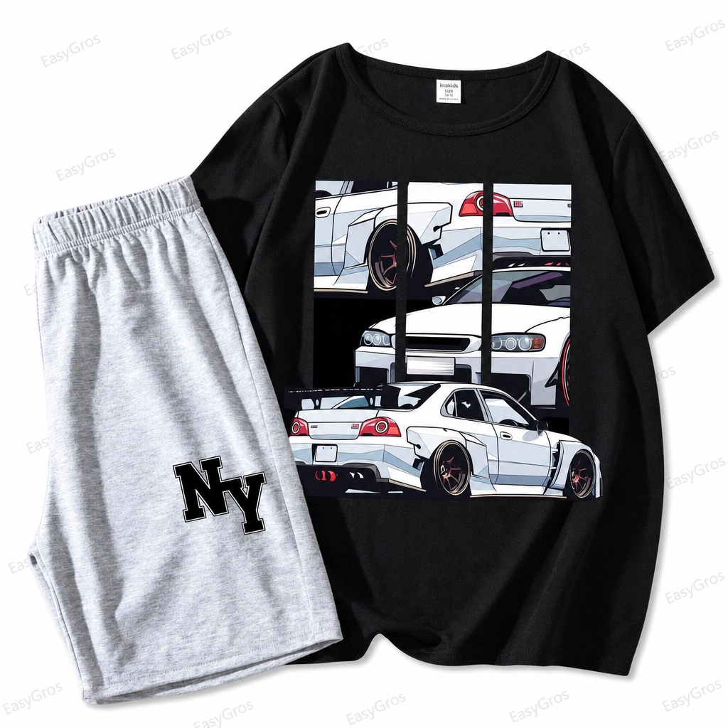 Nora Kids Car Tee & Light Grey Shorts Set (Black/Grey)