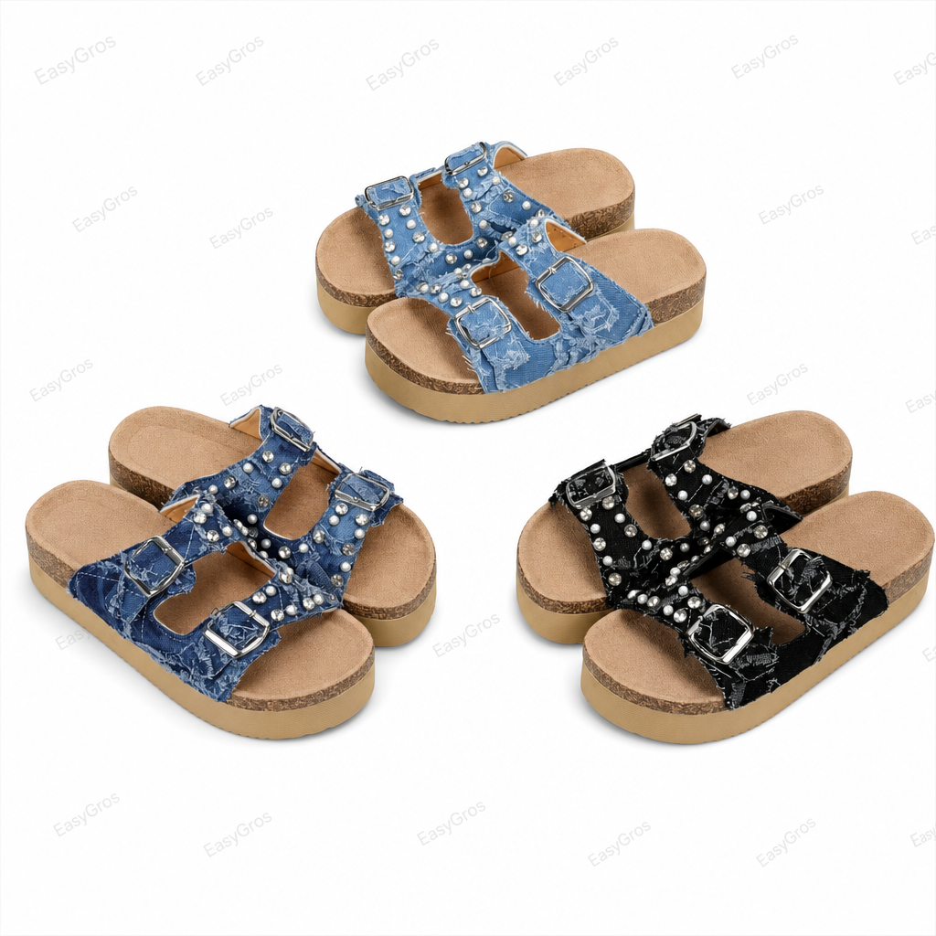 Women’s Denim Platform Sandals, Buckles & Pearls D353 36-40
