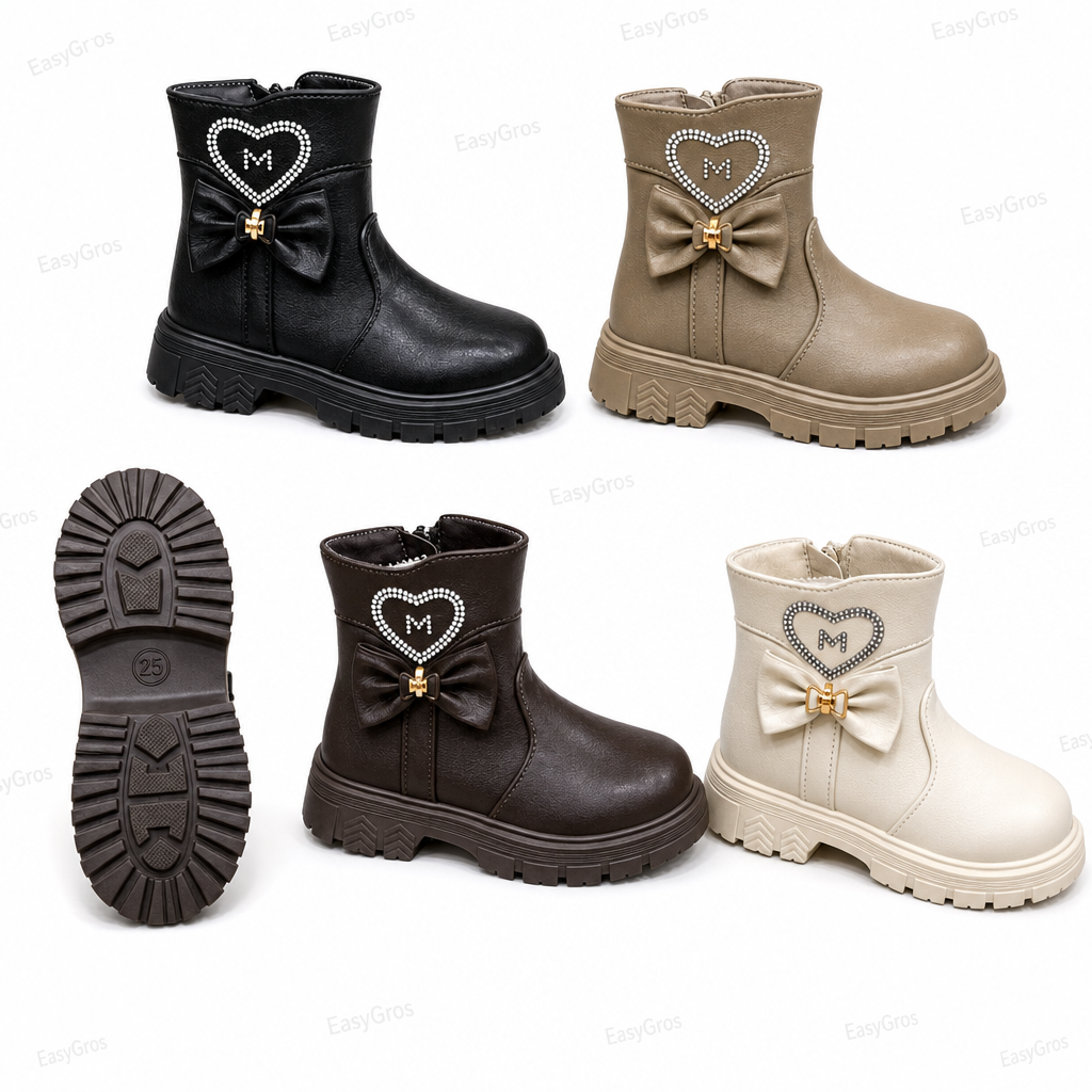 Wholesale Girls Rhinestone Bow Ankle Boots - Black/Taupe/Brown/Ivory